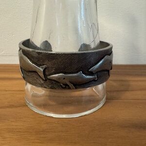 Vintage Carved Pewter Artisan 'Whale Family' Bracelet Cuff